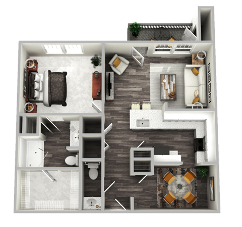 Floor plan for 1 bed, 1.5 baths, 910 sqft